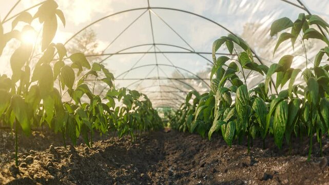 Smooth camera shot inside a foil greenhouse filled with rows of growing plants, such as basil. Warm sunlight filters through the foil, creating a natural and organic atmosphere.