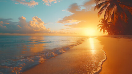 A tropical beach at sunrise, with golden sands, turquoise waters, and gently swaying palm trees