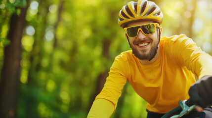 happy cyclist wearing yellow jersey and helmet rides through scenic trail surrounded by lush greenery, enjoying outdoors