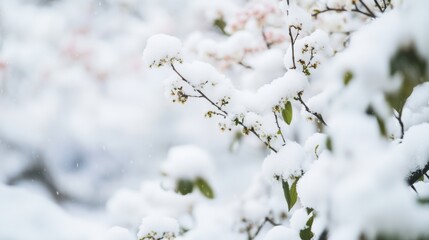 Snow-covered trees and branches in a serene winter garden, with delicate red blossoms peeking through the snow, capturing a poetic blend of purity and vitality.