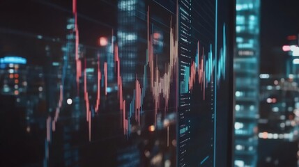 Obraz premium Vibrant Financial Data Visualization with Urban City Background