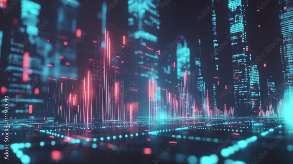Poster futuristic digital cityscape with neon lights and data visualization