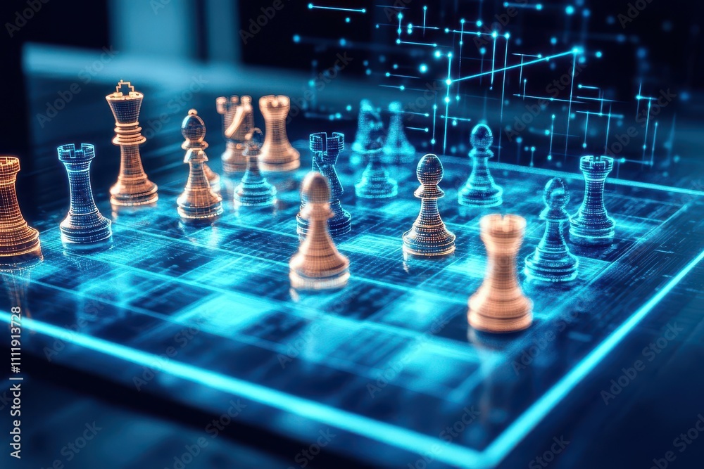 Poster a chessboard made of shifting holographic tiles, representing strategy, surrounded by glowing data s
