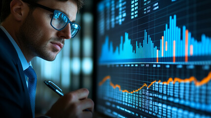 Financial analyst reviewing financial projections in corporate environment for market insights