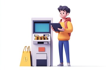 Fototapeta premium Young individuals interact with colorful ATM machines and digital devices. AI generated image