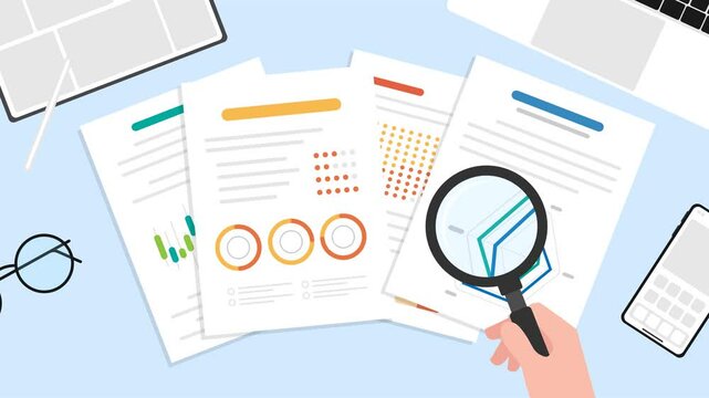 Animation top view of desk with hand holding magnifying glass against looking information on paper document.