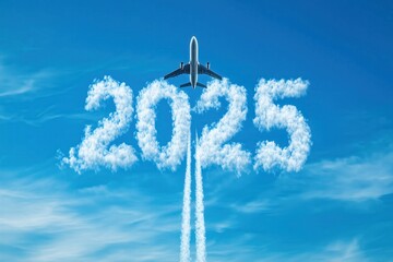 Obraz premium Plane theme for Christmas New Year 2025. The plane leaves a mark in the sky in the form of the numbers 2025