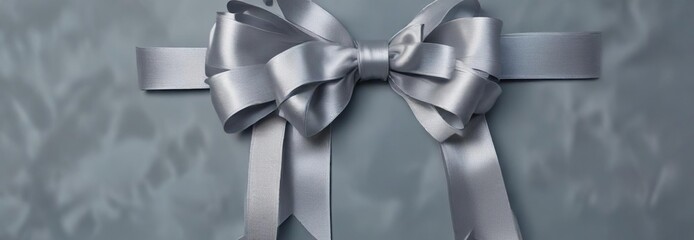 Sophisticated silver ribbon tied in a bow on a gray-blue background with subtle shading and soft gradations, refined elegance, sophisticated taste