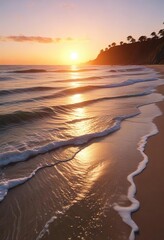 The sun's descent is mirrored by the gentle lapping of waves against the shore in a serene sunset scene, green, beach