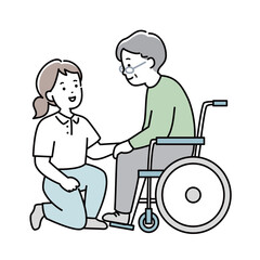 車椅子に乗る高齢者の男性を介助する女性介護士のイラスト素材