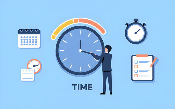Mastering Time Management: A businessman skillfully adjusts the clock hands, symbolizing effective time management and productivity.  Surrounding elements highlight scheduling, deadlines.