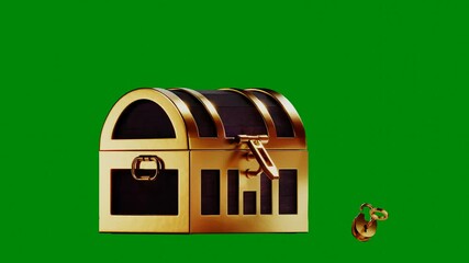 Open old wooden treasure box golden metal edge action unlock key open and empty front view on green screen 3D rendering