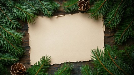 Fototapeta premium White blank paper with pine tree leaves framing a Christmas card background for copy space, text, and design template White blank paper with pine tree leaves framing a Christmas card background