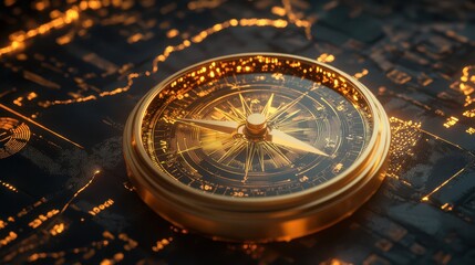 Golden compass surrounded by glowing financial symbols, guidance strategy, navigating uncertain markets