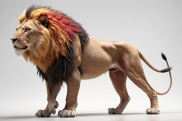 Majestic male lion with multicolored mane standing.