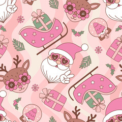 Christmas seamless pattern with cute Santa Claus, reindeer, sleigh