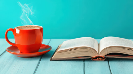 steaming cup of coffee beside open book on blue wooden table creates cozy atmosphere for relaxation and reading