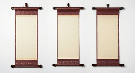 Elegant Chinese paper scroll banner featuring three vertical blank scrolls with wooden edges on white background. Ideal for artistic decoration, calligraphy demonstrations