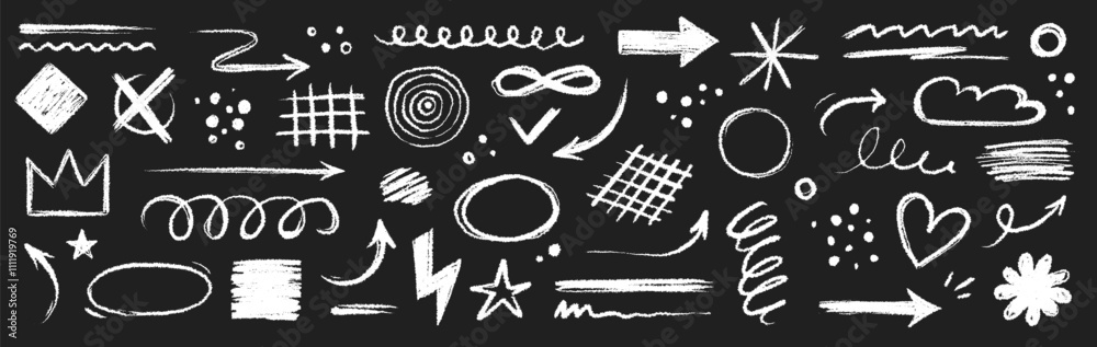 Aufkleber Arrow brush line chalk sketch texture brush vector set. Crayon marker scribble sketch stroke arrow element line brush hand drawn design. Texture abstract chalk, crayon style. Vector illustration