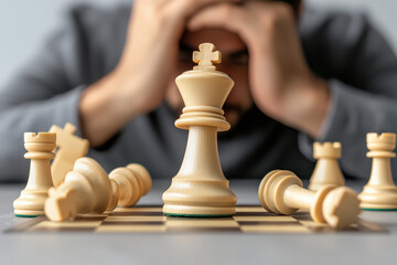 tense moment in chess, featuring player in distress over toppled game. focus is on wooden pieces scattered across board, symbolizing defeat