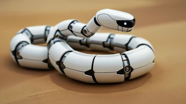 Futuristic robotic snake on sandy terrain symbolizing technology and innovation