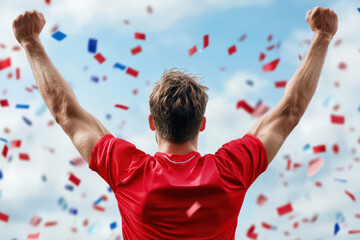 victorious athlete celebrates with arms raised amidst colorful confetti, embodying triumph and joy. scene captures essence of achievement and excitement