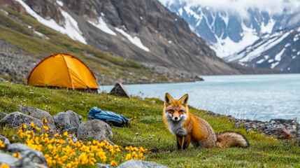 fox sitting near tent by lake, surrounded by mountains and flowers