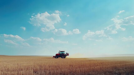 Fototapeta premium Tractor-mounted sprayer applying pesticides to a crop field, precise operation, blue sky,