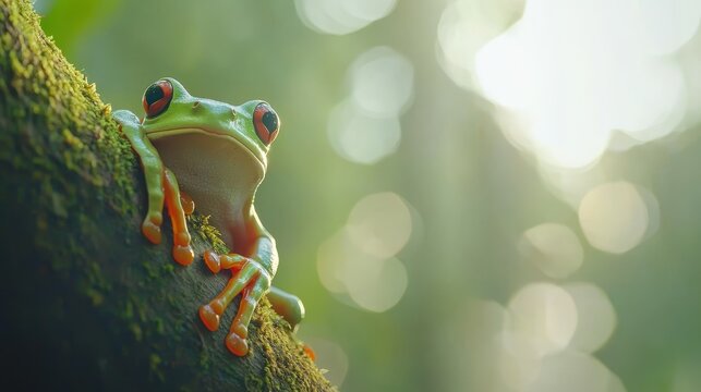 Colorful tree frog perched on a mossy log in a lush rain forest with soft, diffused sunlight and blurred background