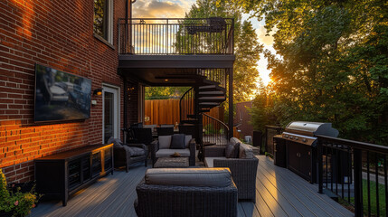 
A 3D rendering of a beautiful patio at sunset, attached to a charming red brick home. The warm glow of the setting sun casts a soft light on the space, enhancing its inviting atmosphere. 