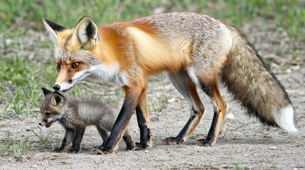 Fototapeta premium red fox and its kit walking together in natural setting