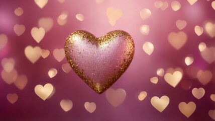 Fototapeta premium Glittery heart ornament hanging by a ribbon, surrounded by soft bokeh hearts on a pink background. Concept of love and romance. Valentines day background