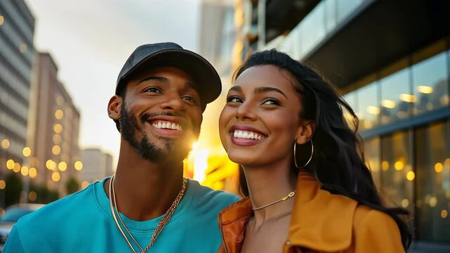 A man and woman are smiling at the camera. The man is wearing a blue shirt and a black hat. The woman is wearing a gold necklace and a pair of hoop earrings. Scene is happy and lighthearted