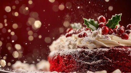 A luxurious red velvet Christmas cake with cream cheese frosting, topped with festive holly leaves and a dusting of powdered sugar.