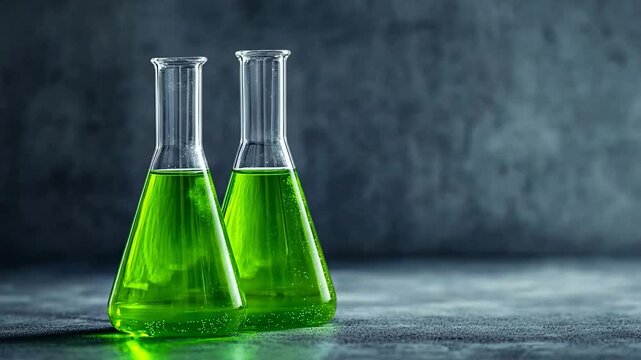 Two glass beakers filled with vibrant green liquid, symbolizing science and innovation