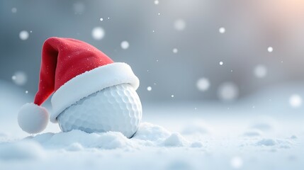 A festive golf ball nestled in the snow, adorned with a Santa hat.  Winter wonderland vibes! Perfect for holiday cards or winter sports promotions. 