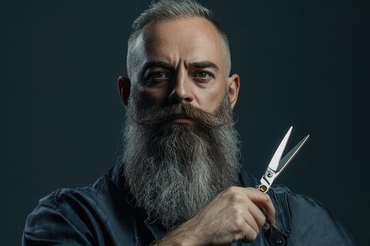 Expert mature barber with long gray beard holds shears.