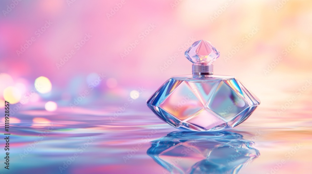 Poster Elegant Perfume Bottle on Colorful Background with Soft Reflection