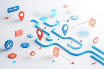 Naklejka premium Colorful icons and pathways depict a digital planning environment, showcasing various project management tools and functionalities. This design emphasizes organization and navigation in workflows.