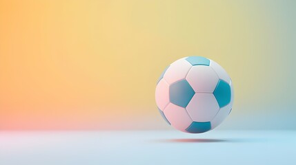 Fototapeta premium Pastel Dreams: A single soccer ball floats serenely against a soft, gradient background, evoking calmness and a sense of quiet potential.