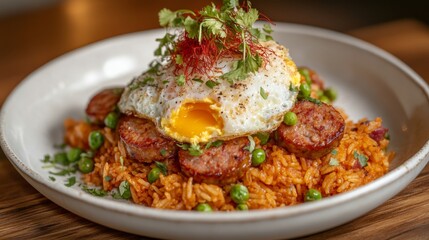 Fototapeta premium Delicious Fried Egg Topped with Sausage on Spiced Rice Dish