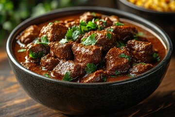 A bowl of meat and vegetables with a green garnish