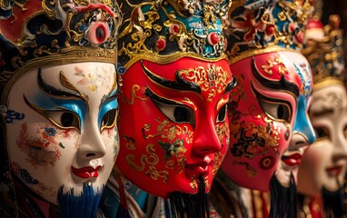 Colorful traditional masks in artistic display.
