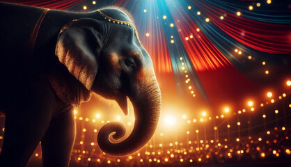 Elegant elephant under a colorful circus tent, surrounded by warm, glowing lights