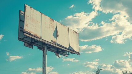 Hurricane wind damaging billboard sign under cloudy sky
