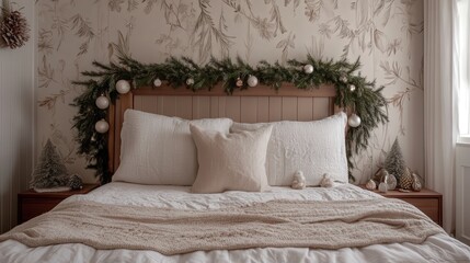 A modest bedroom decorated for Christmas with a delicate pine garland wrapped around the headboard and a few scattered ornaments