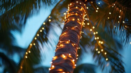 A palm tree wrapped in string lights, transforming it into a tropical-themed Christmas decoration
