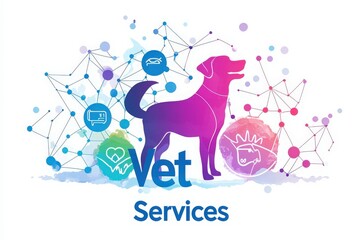 A vibrant graphic features a dog silhouette surrounded by colorful icons representing various veterinary services. The design emphasizes animal health and care, attracting pet owners.