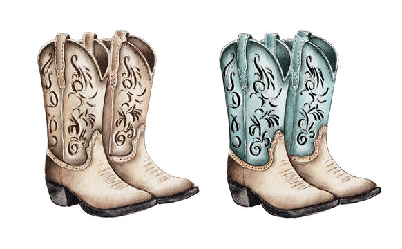 Watercolor cowboy boots. Painting isolated on white background.. Vintage style