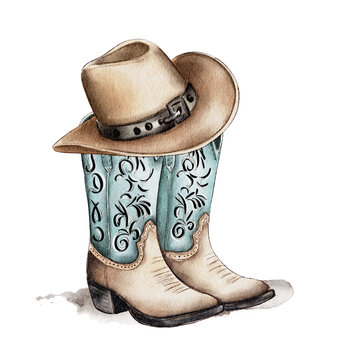 Cowboy boot with western hat. Watercolor painting isolated on white background.